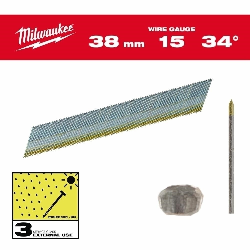 ШТИФТИ MILWAUKEE FINISHING, 15G, D-ОБРАЗНА ГОЛОВКА 38 мм, НІЖУВАЛЬНА СТАЛЬ ДЛЯ M18 CN15GA /2500 шт.