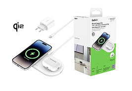 Belkin Зарядний пристрій бездротовий 2в1 15Вт Pad Qi2, білий