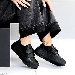 Модні чорні шкіряні кеди на липучках натуральна шкіра на платформі