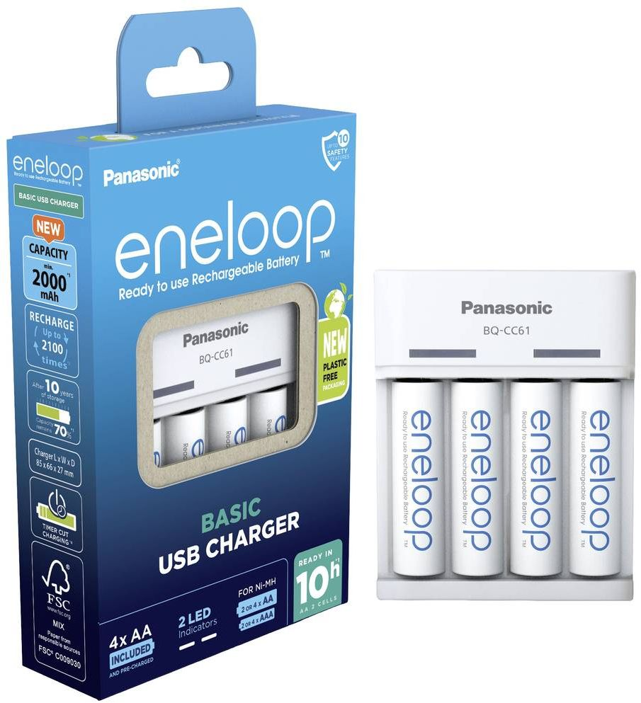 Panasonic Зарядний пристрій Basic Charger USB+ Акумулятор Eneloop NI-MH AA 2000 мАг, 4 шт.