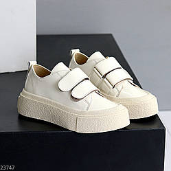 Модні лакові білі кеди на липучках натуральна шкіра глянець