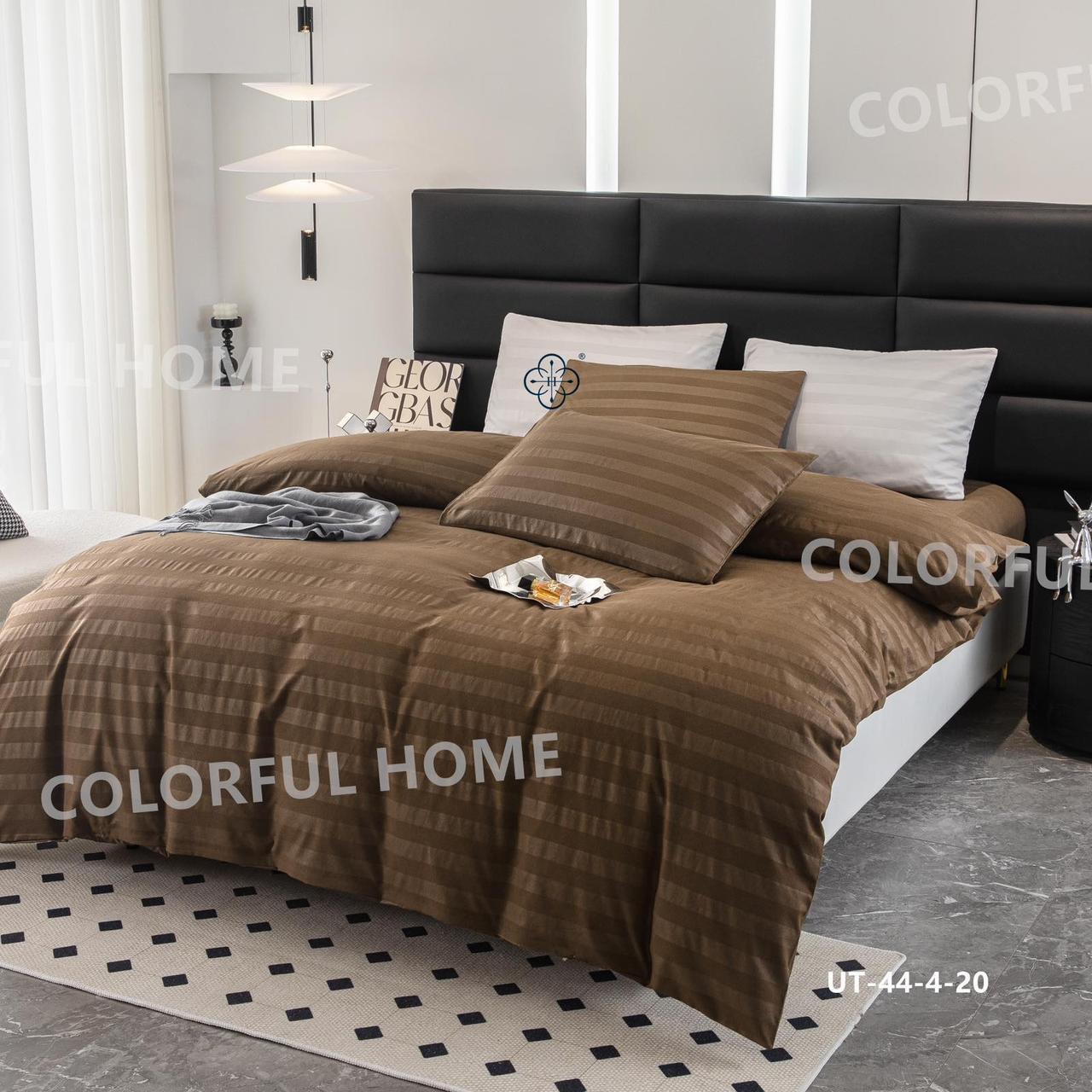 Набір постільної білизни сатин страйп із простирадлом на гумці євро розмір Colorful Home коричневий, фото 1