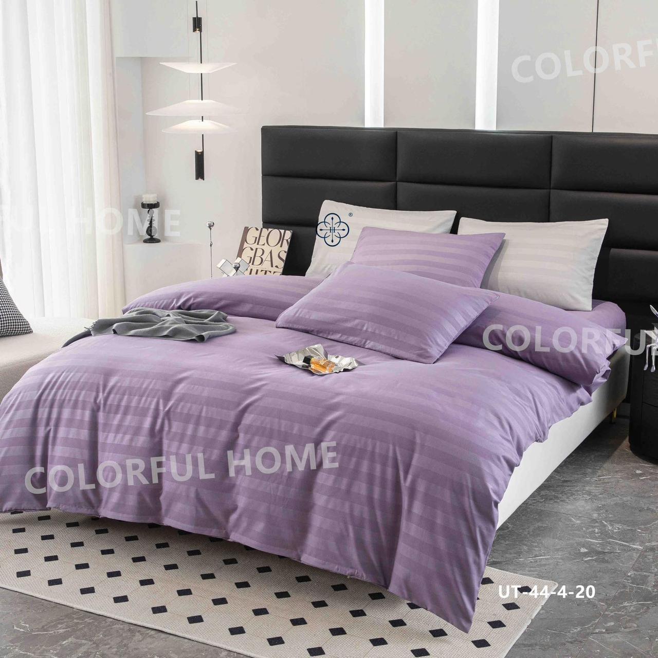 Набір постільної білизни сатин страйп із простирадлом на гумці євро розмір Colorful Home бузковий, фото 1