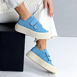 Модні яскраві блакитні кеди на липучках натуральна замша на платформі