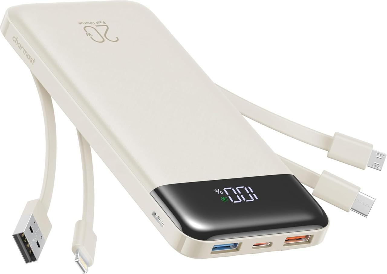 Charmast Power Bank 20000mAh, портативний зарядний пристрій потужністю 20 Вт із вбудованими кабелями, акумулятор USB C