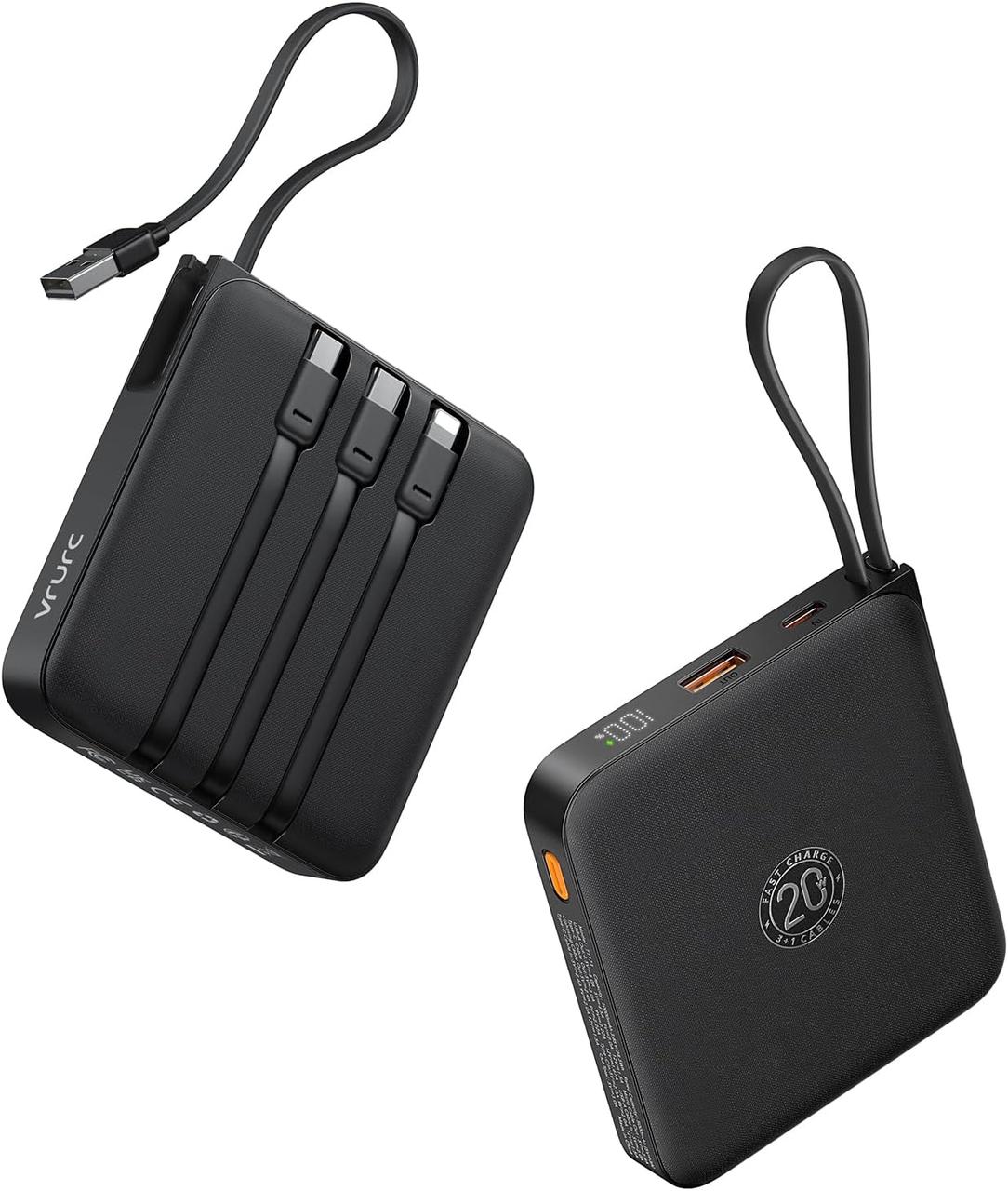 Портативний зарядний пристрій VRURC 20000mAh із вбудованими кабелями, швидкий зарядний пристрій для iPhone потужністю 22,5 Вт