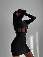 Женское чёрное облегающее платье с сеточкой на талии