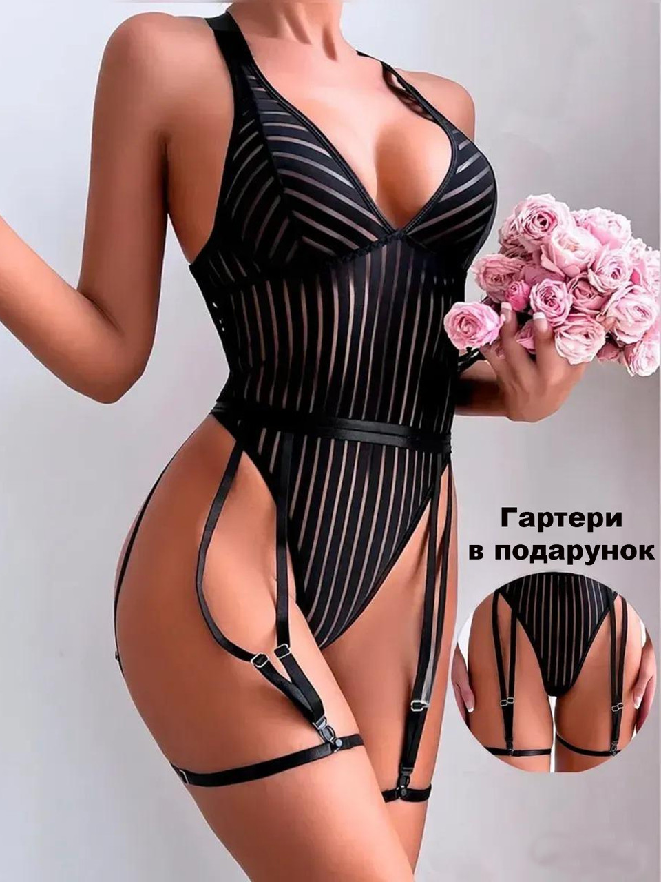 Сексуальне еротичне Жіноче боді гартерами підв'язками М Чорний ( 600-036 )