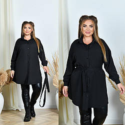 Жіноча простора подовжена сорочка-туніка на ґудзиках і з пояском, батал і супер батал великі розміри