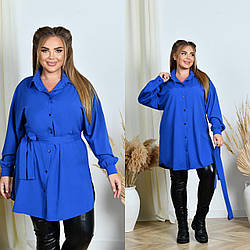 Жіноча простора подовжена сорочка-туніка на ґудзиках і з пояском, батал і супер батал великі розміри