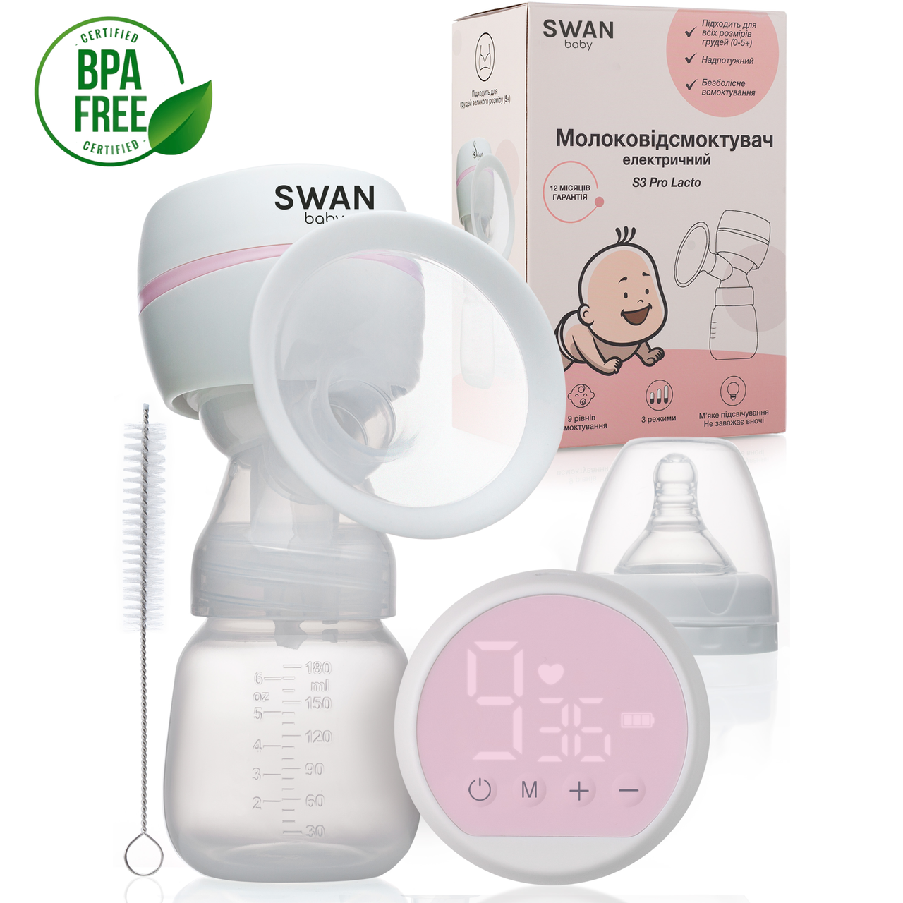Молоковідсмоктувач електричний бездротовий Swan Baby Lacto Pro S3 тихий функція масажу стимуляція лактації білий
