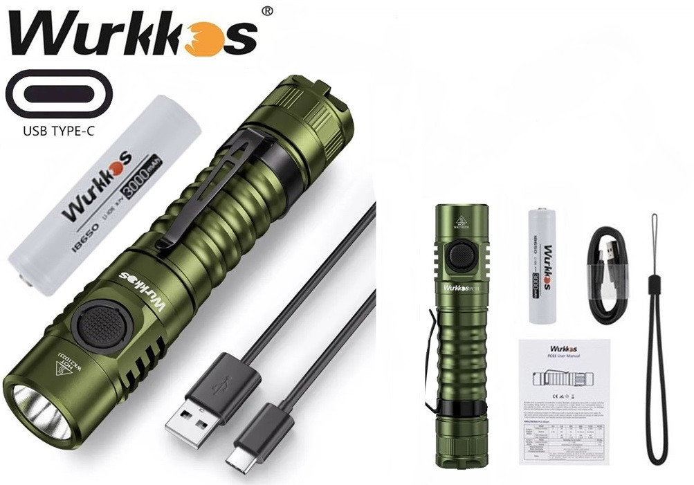 Ліхтар Wurkkos FC11 + Оригінальний Акумулятор 3000mAh 18650 (1300LM, 5000k Нейтральне світло, Samsung LH351D, USB-C)