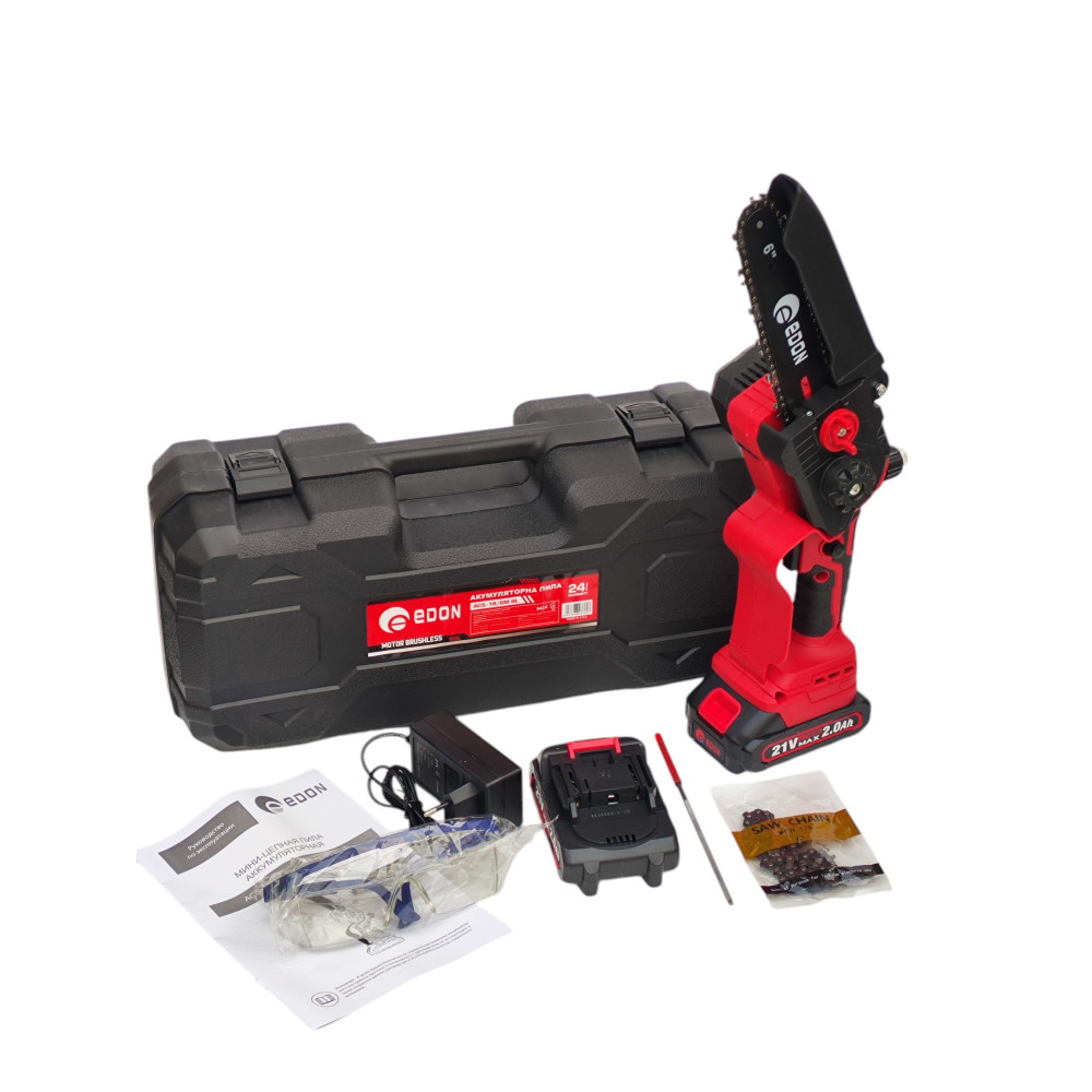 Потужна міні-пила акумуляторна Edon ACS-18/8 M BL : з АКБ 2шт-21V 1.5 Ah, шина 20 см