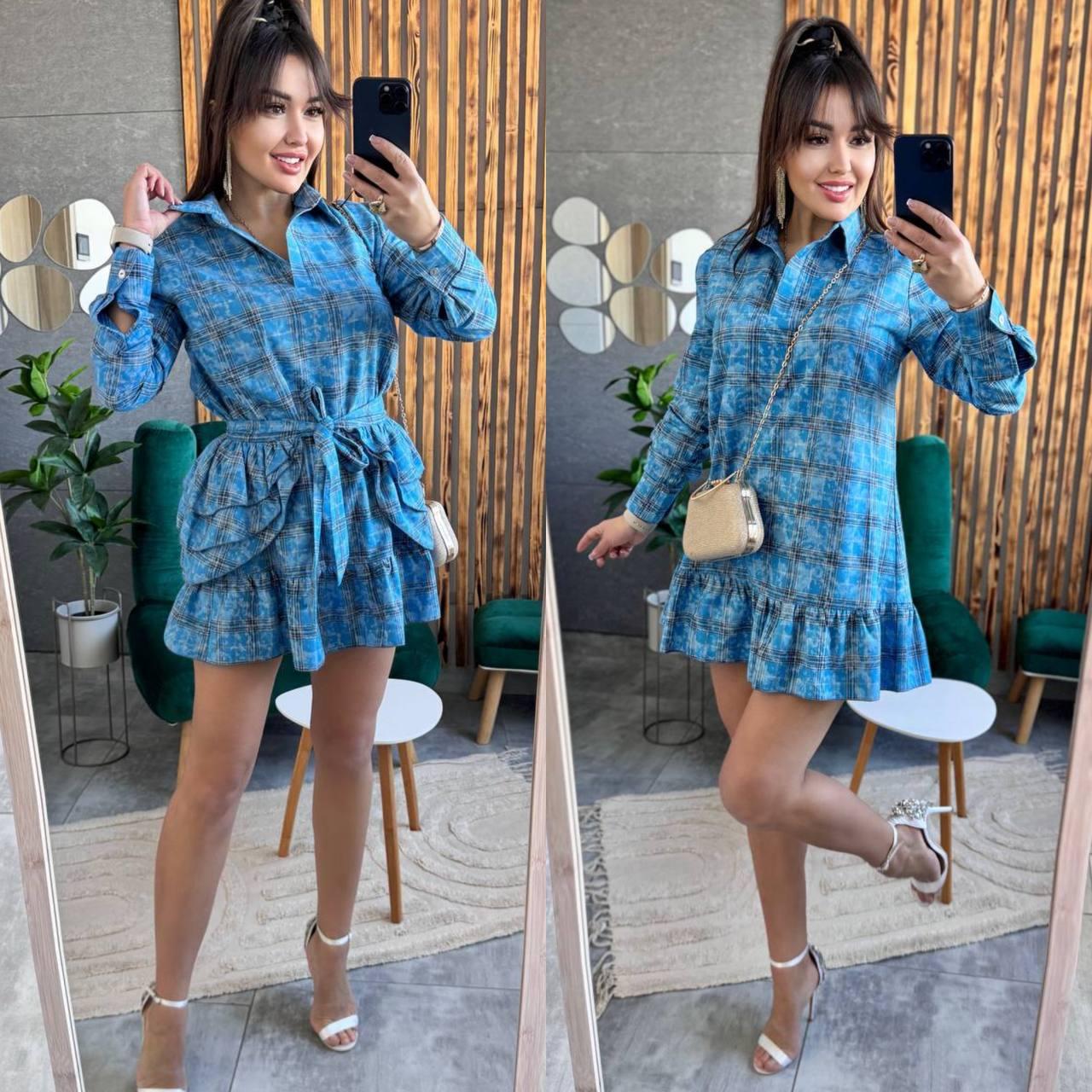 Жіноча міні сукня в клітинку з баскою, що знімається та оборками Smv9319