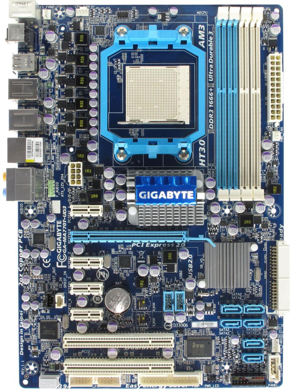 Плата AMD SAM2 AM3 GIGABYTE GA-MA770T-UD3 на DDR3 c 5 PCI-EXPRESS, Розуміє ВСІ до Phenom II X6 125W