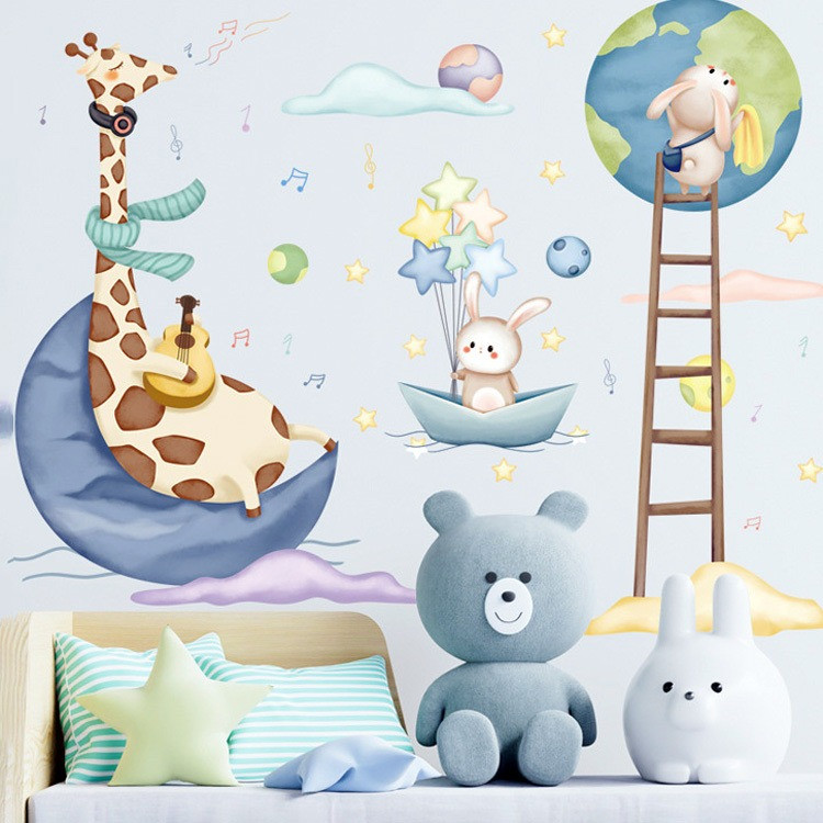 Набір наліпок «Жираф на місяці» вінілові для дитячої кімнати на стіну для хлопчиків і дівчаток 2 шт по 30х90 см, фото 1
