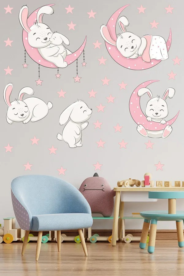 Набір наліпок "Білі зайчики" вінілових декоративні в дитячу кімнату на стіну 2 полотна по 30х90 см, фото 1