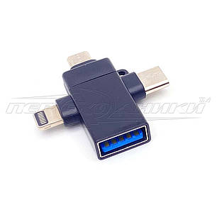 Перехідник OTG Lightning + type C + micro Usb to USB 3.0 Female, фото 1