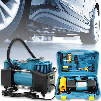 Компресор для авто двопоршневий з живленням від прикурювача та акумулятора в кейсі Blue