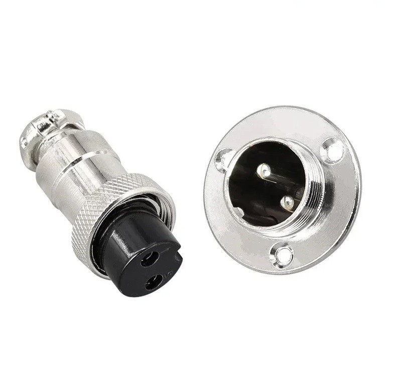 З'єднувач силовий GX12 2pin 10А, комплект male+female, круглий фланець під монтаж