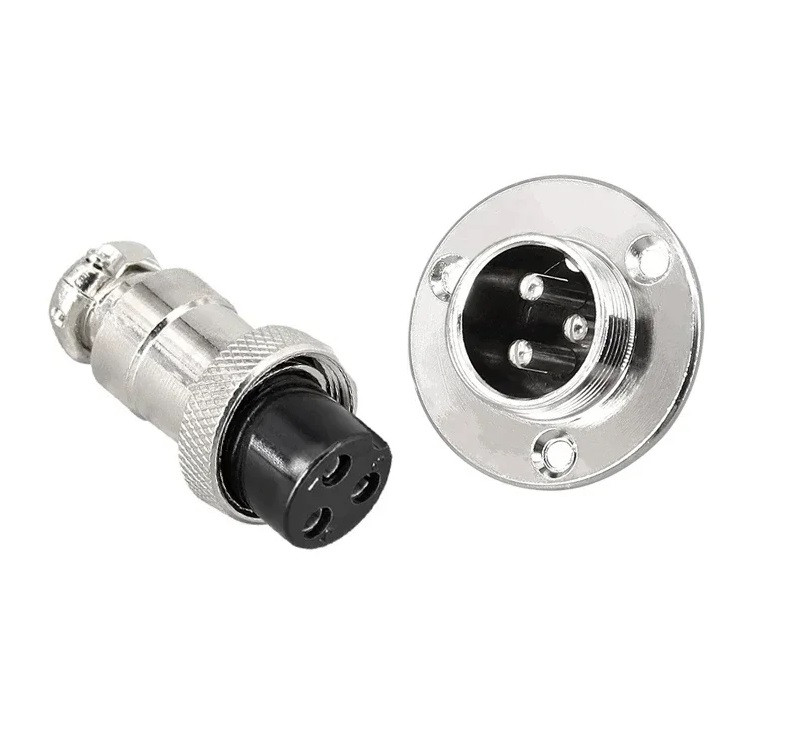 З'єднувач силовий GX12 3pin 10A, комплект male+female, круглий фланець під монтаж