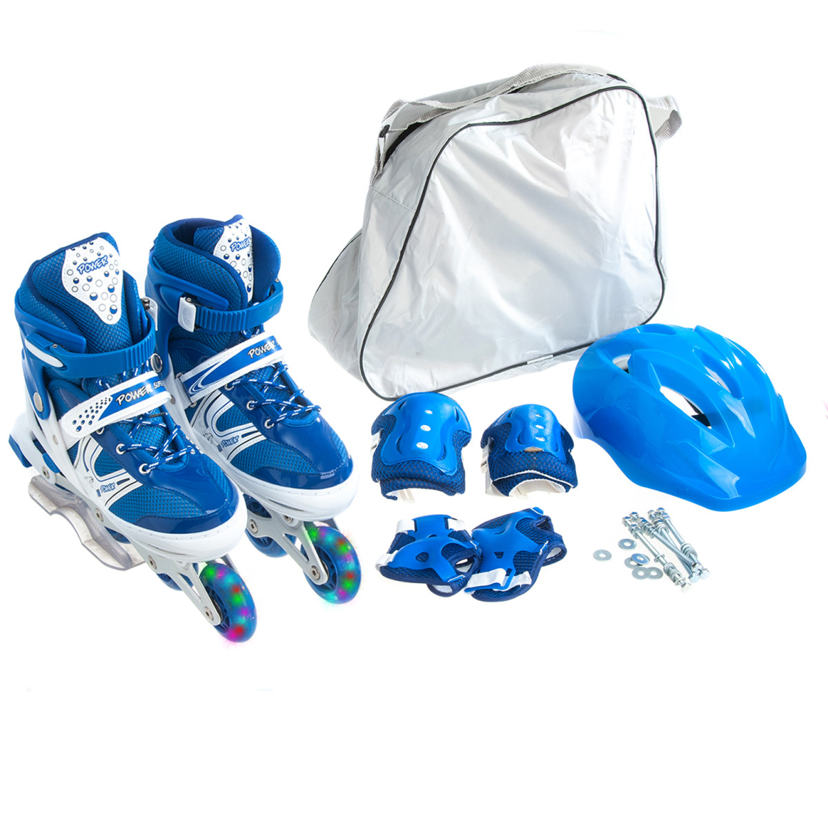 Комплект роликів із захистом і шоломом Happy розмір 38-42 Синій світні колеса, фото 1