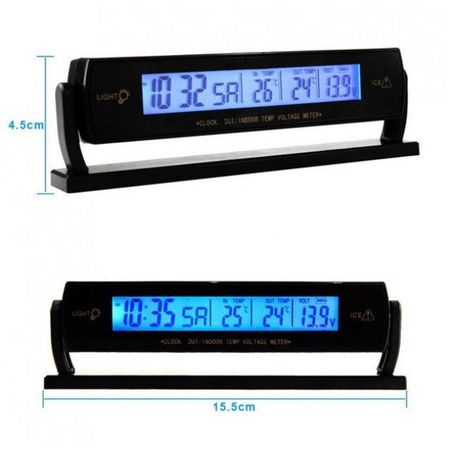 Автомобильные часы с подсветкой VST-7013V вольтметр, 2 термометра Авточасы с выносным термометром IA-33, фото 1