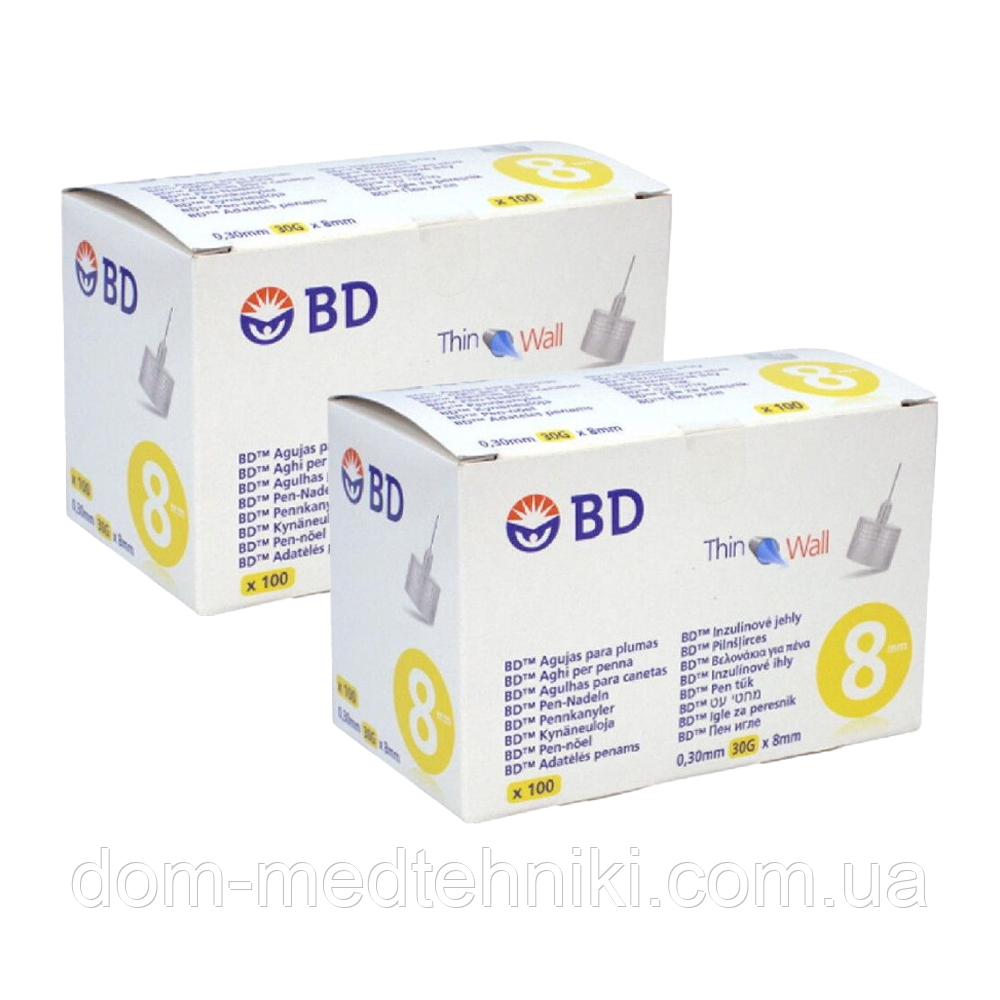 Голки для інсулінових ручок "BD Microfine Thin Wall" 8 мм (30G x 0,30 мм), 200 шт.