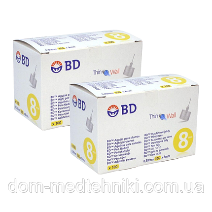 Голки для інсулінових ручок "BD Microfine Thin Wall" 8 мм (30G x 0,30 мм), 200 шт., фото 1