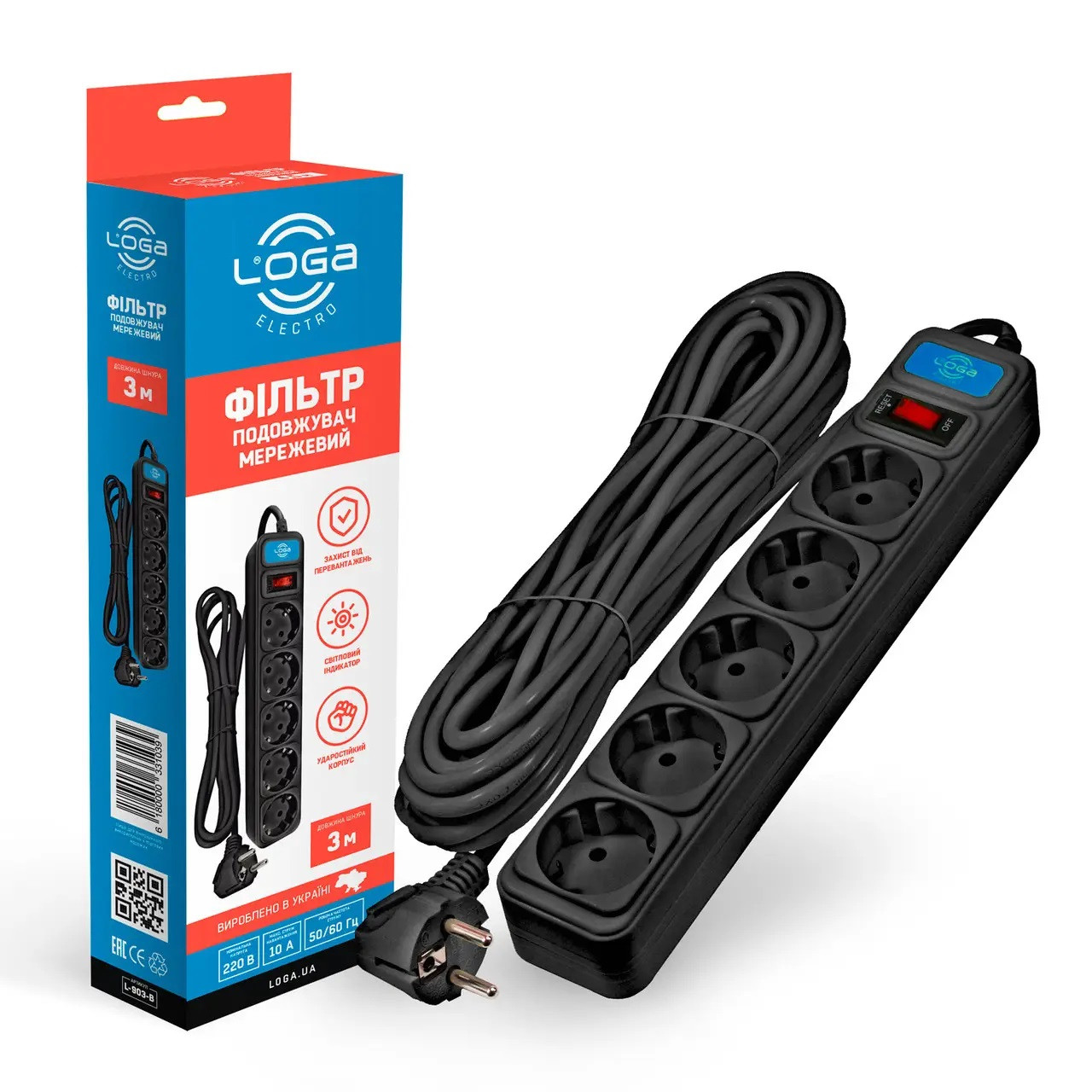Мережевий фільтр 3 метри 5 розеток чорний LOGA L-903-B, фото 1