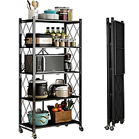 Полиця-стелаж на кухню на колесах. Металевий розкладний стелаж, 5 ярусів, чорний
