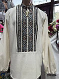 Вишиванка чоловіча ручної роботи вишита на сірому льоні довгий рукав, фото 4