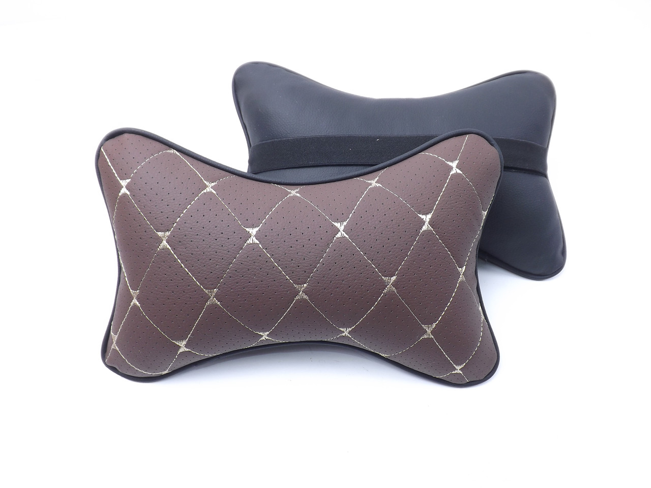 Подушка на підголівник еко-шкіра коричнева перфорація Ромб золотий кант 2 штуки, фото 1