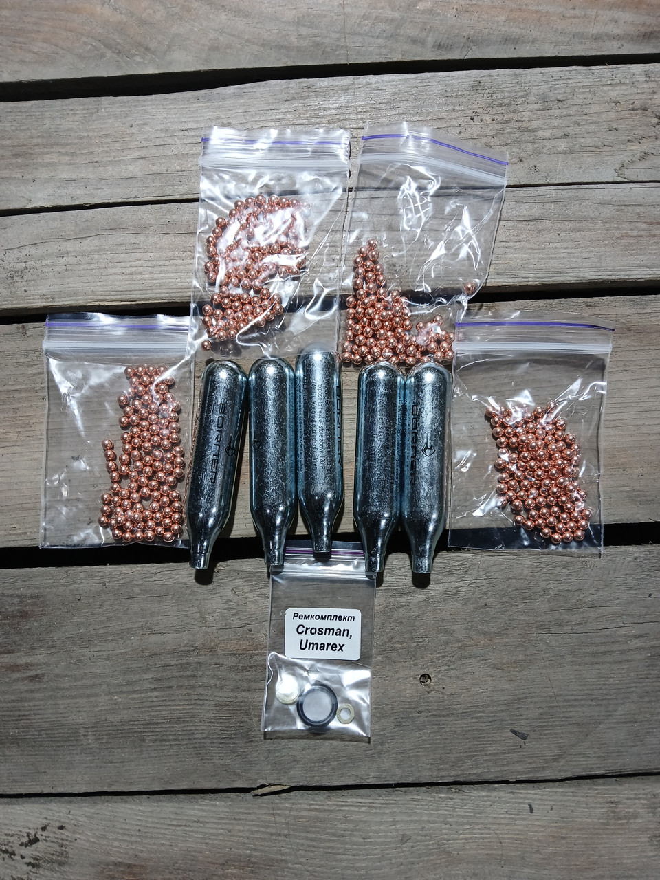 Ремкомплект на Crosman, Umarex, Borner (3 кільця) + балони SAS СО2 (5 штук) + Кульки ББ (400 шт)