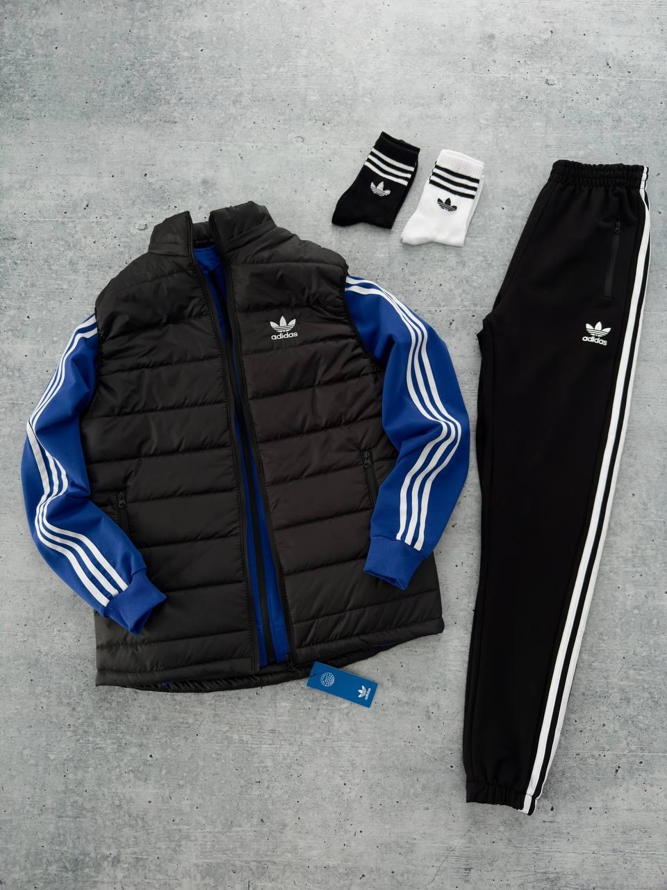 Чоловічий костюм Adidas 3в1 Кофта на змійці + Штани + Жилетка + Шкарпетки синій з чорним Адідас весняний осінній