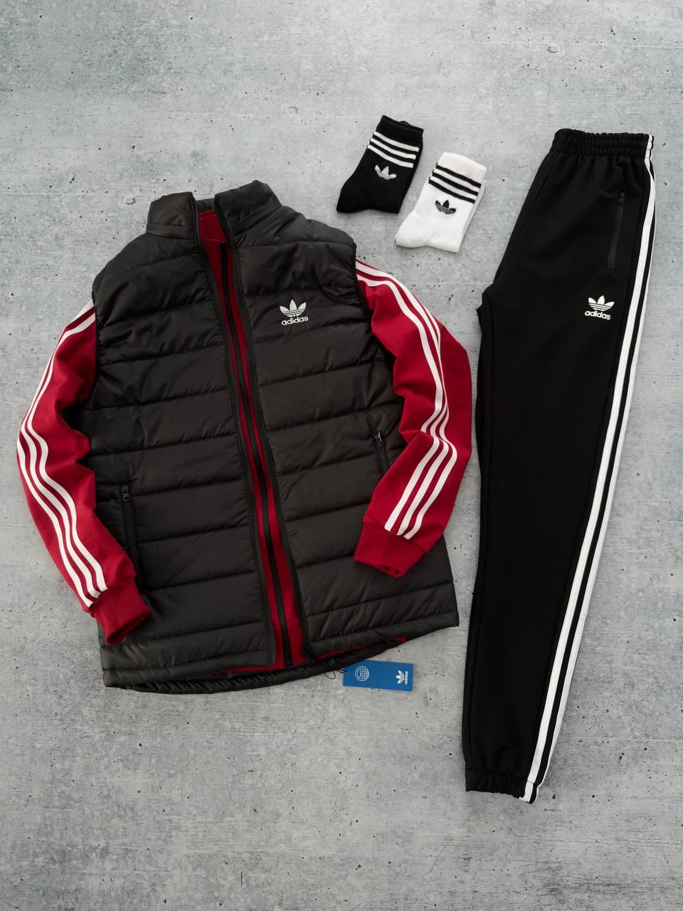 Чоловічий костюм Adidas 3в1 Кофта на змійці + Штани + Жилетка + Шкарпетки червоний з чорним Адідас весняний