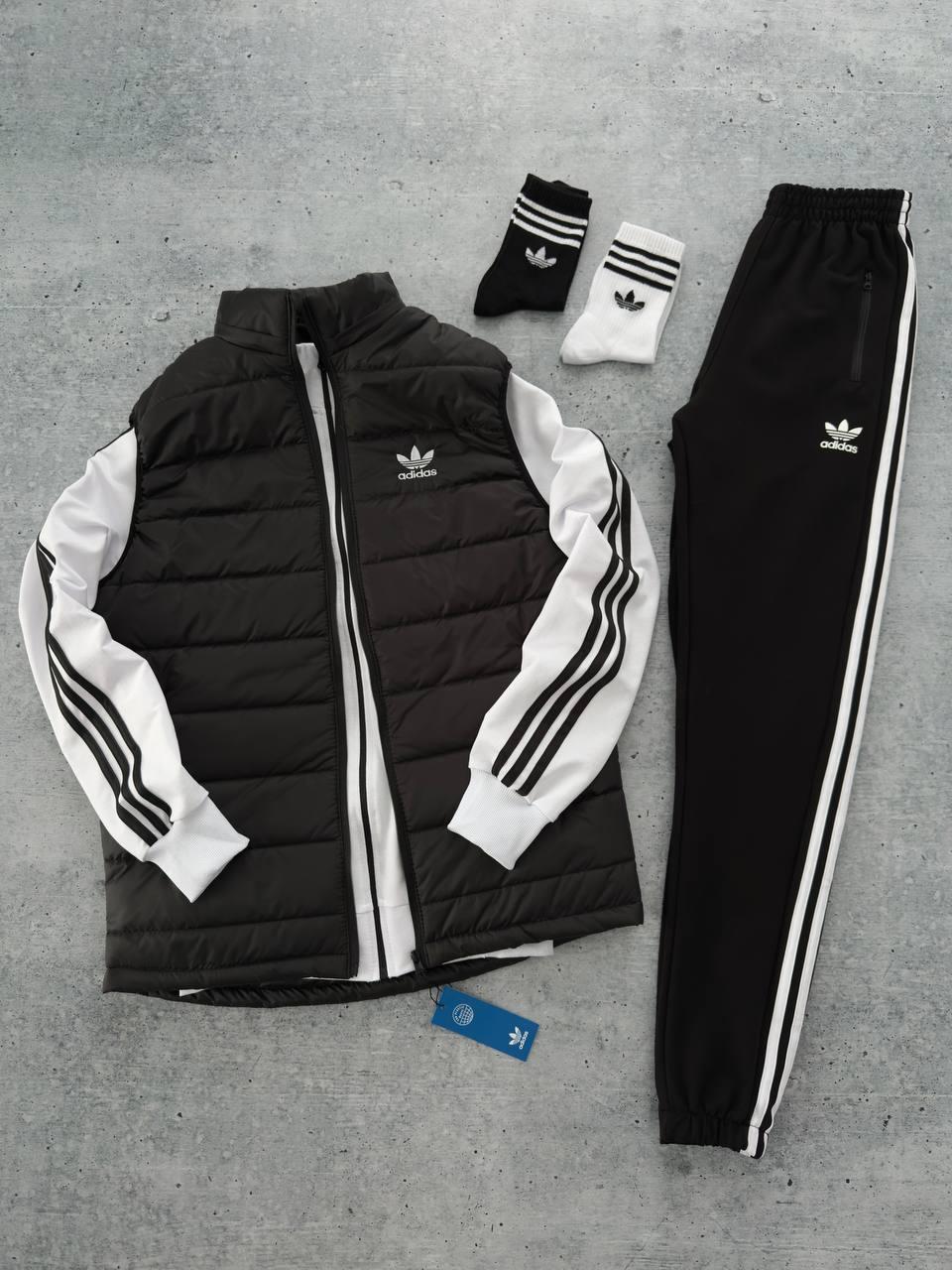 Чоловічий костюм Adidas 3в1 Кофта на змійці + Штани + Жилетка + Шкарпетки білий з чорним Адідас весняний осінній