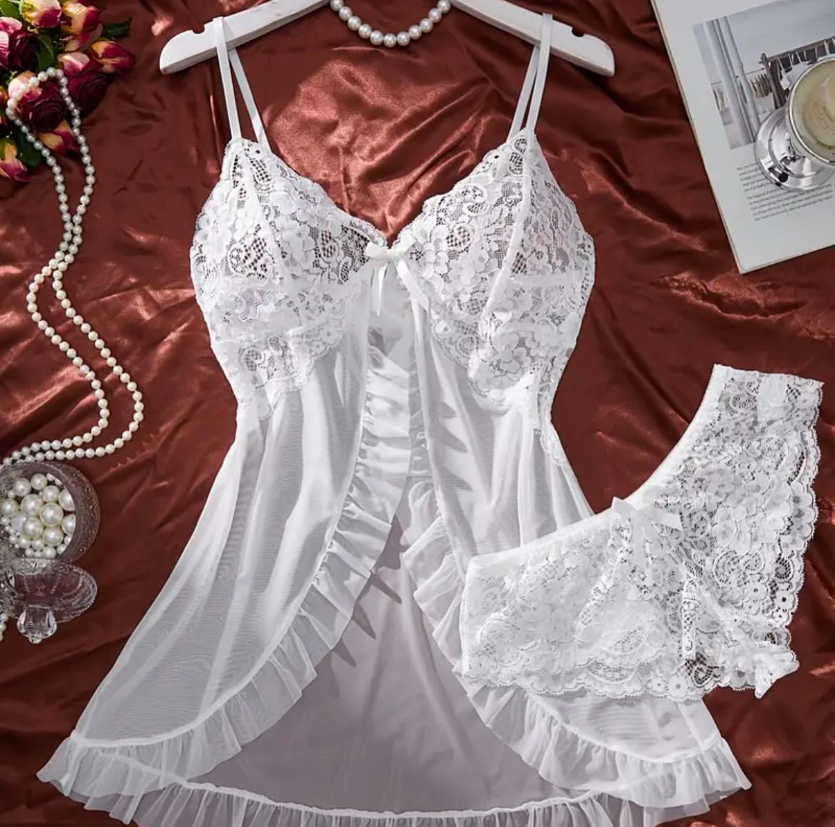 Кружевной пеньюар с широкими трусиками (р.XXL, белый)