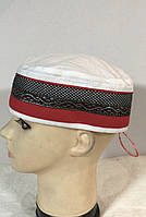 Летняя талибанка тюбетейка феска лён и хлопок вышивка 56-60 белый с красным серебром