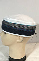 Летняя талибанка тюбетейка феска лён и хлопок вышивка 56-60 белая с чёрным и синим