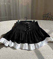 Трендовая женская мини юбка с красивым кружевом талия на шнуровке черная розовая бежевая бургунди 42-44 46-48