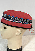 Летняя талибанка тюбетейка феска лён и хлопок вышивка 56-60 красная с чёрным и голубым