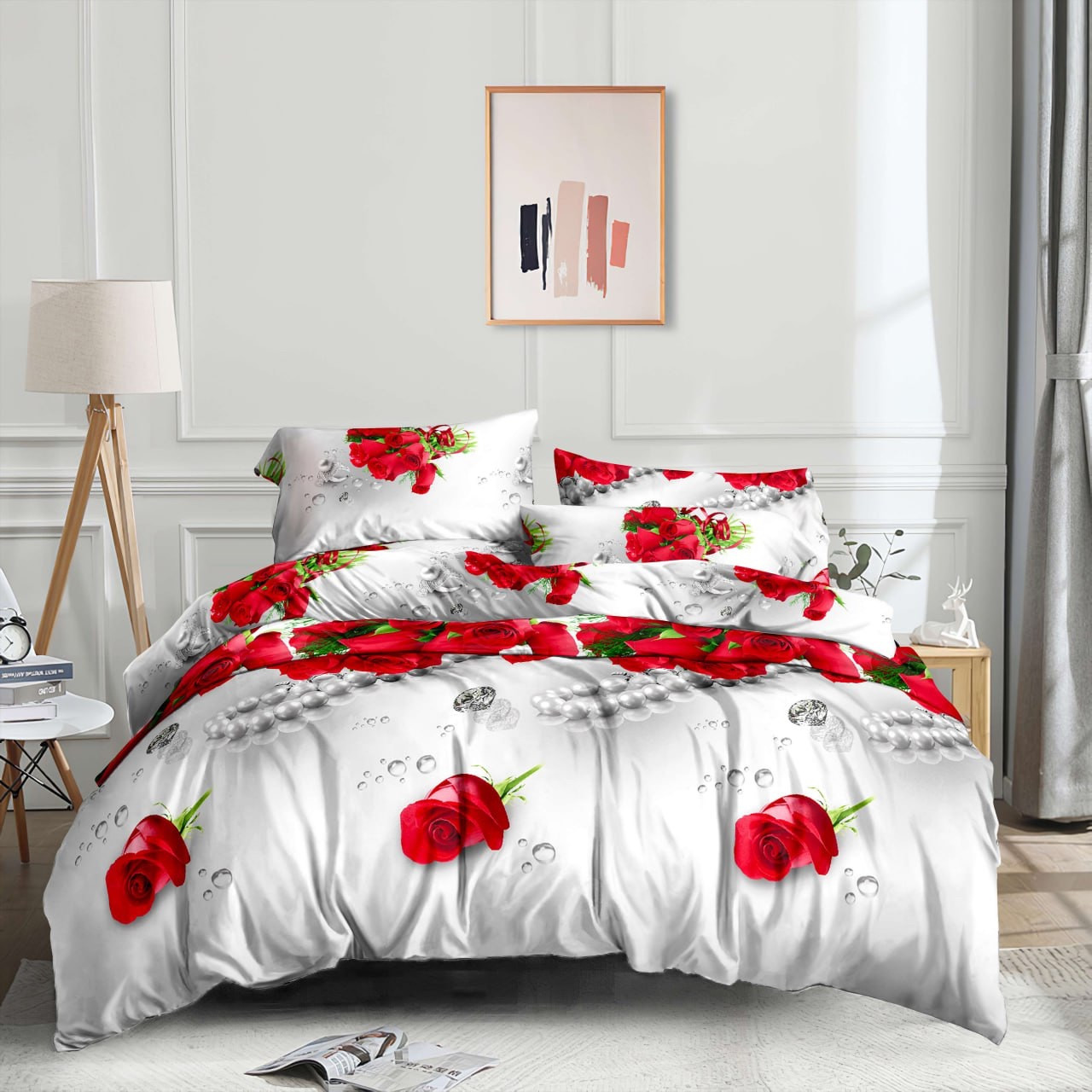 Сатин 100% бавовна з квітковим принтом на білому натуральна тканина 220 см для постільної білизни в рулоні 50 м