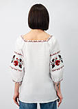 Жіноча українська вишиванка з трояндами білий льон, червоно-чорна вишивка, фото 4
