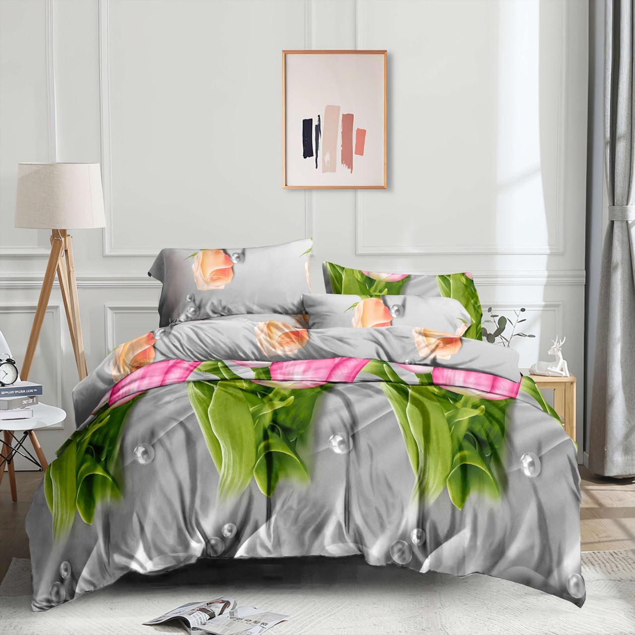 Сатин 100% бавовна з квітковим принтом на сірому натуральна тканина 220 см для постільної білизни в рулоні 50 м