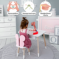 Дерев'яний столик із шухлядою 46х60х45 і стільчик метелик 26.5х26х25, стіл та стілець для дівчинки, білий з рожевим, фото 2