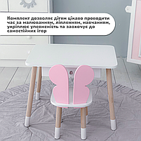 Дерев'яний столик із шухлядою 46х60х45 і стільчик метелик 26.5х26х25, стіл та стілець для дівчинки, білий з рожевим, фото 7