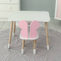 Дерев'яний столик із шухлядою 46х60х45 і стільчик метелик 26.5х26х25, стіл та стілець для дівчинки, білий з рожевим, фото 3