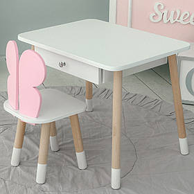 Дерев'яний столик із шухлядою 46х60х45 і стільчик метелик 26.5х26х25, стіл та стілець для дівчинки, білий з рожевим