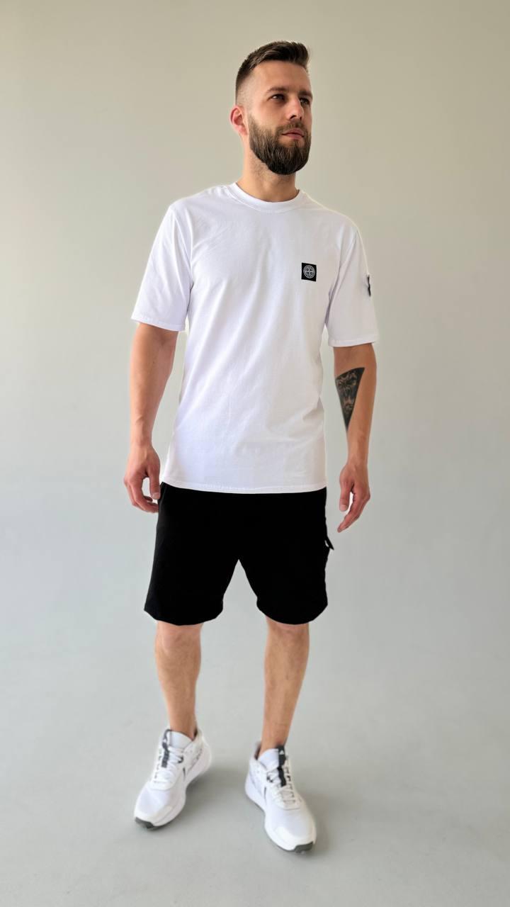 Чоловічий літній костюм Футболка + Шорти + Шкарпетки в подарунок Stone Island чорно-білий з патчем Стон Айленд